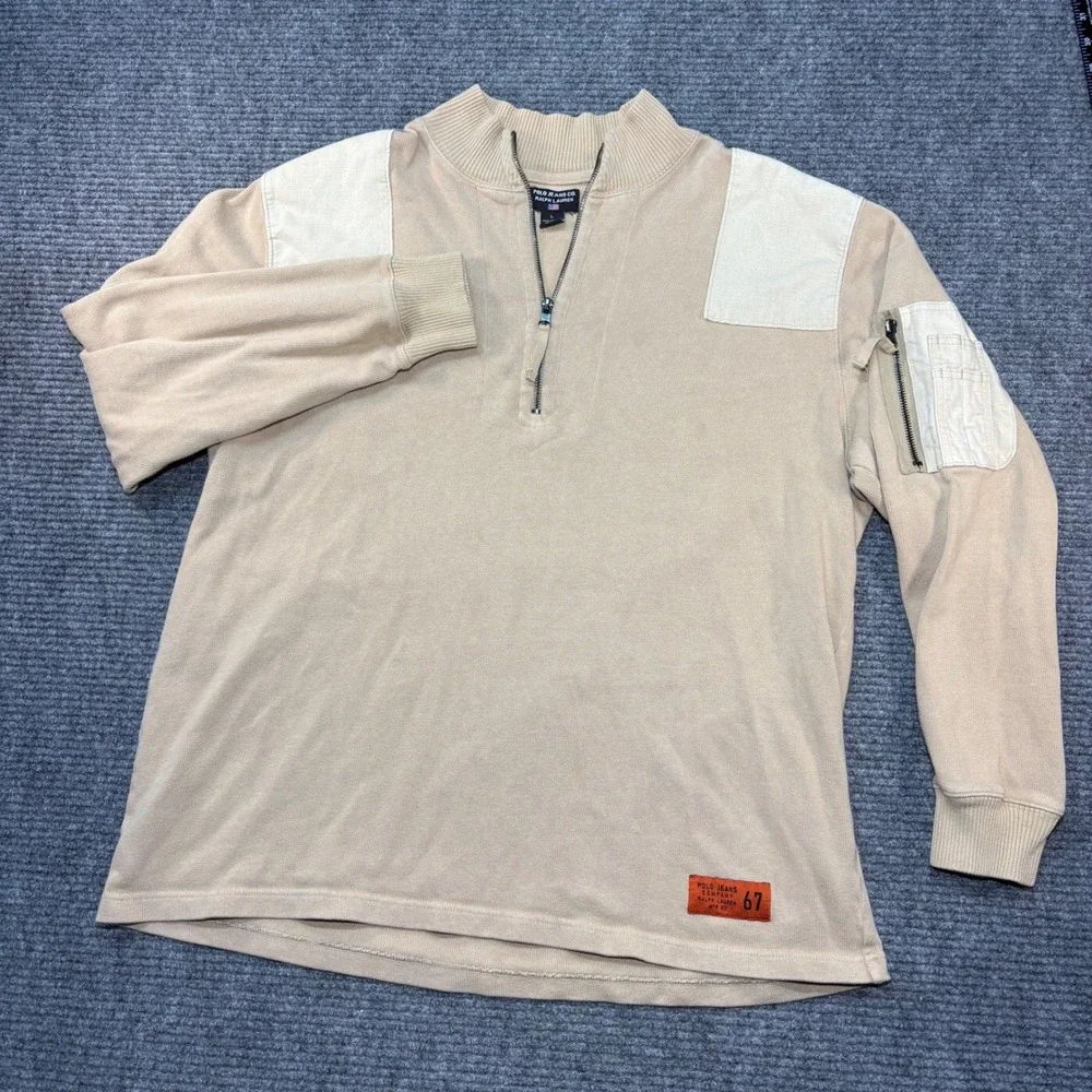 Vtg Polo Jeans Co Ralph Lauren Men L Quarter Zip Sweater Tan Utility 100% Cotton